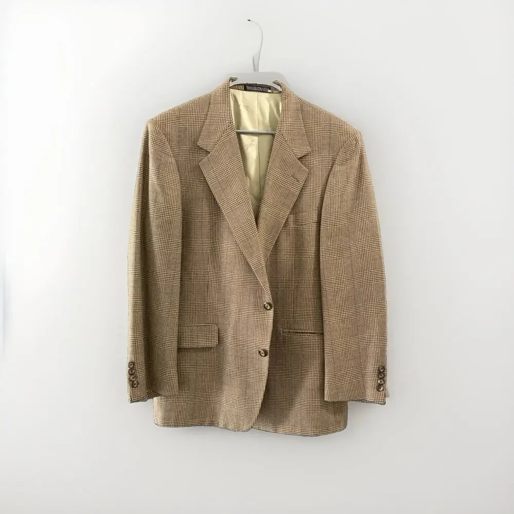VTG Bespoke Mens 44R Brown Houndstooth Plain Blazer Suit Jacket Made in USA